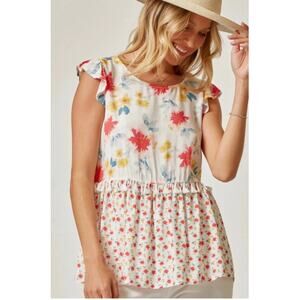 Emily Wonder Floral Babydoll Blouse Beachy Cap Sleeves Tassel Trim Women's sz. M